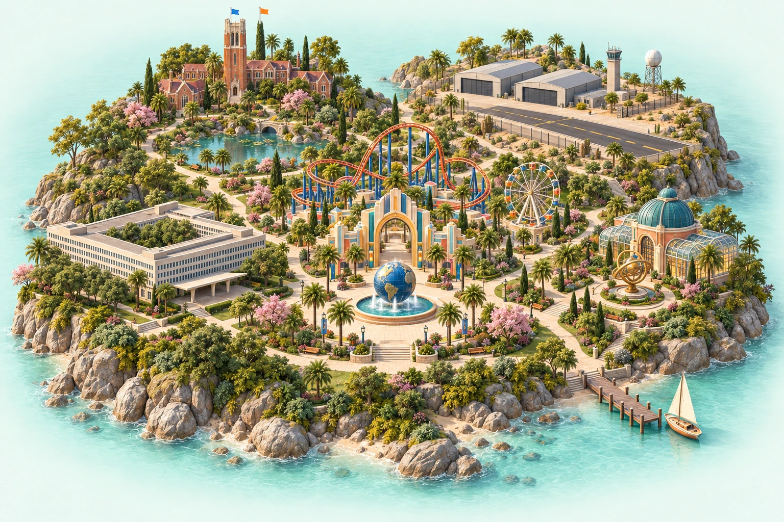 An animated miniature island with a Universal theme park, CIA headquarters, Northrop Grumman flight-test base, University of Florida campus, and Orendessa pavilion.